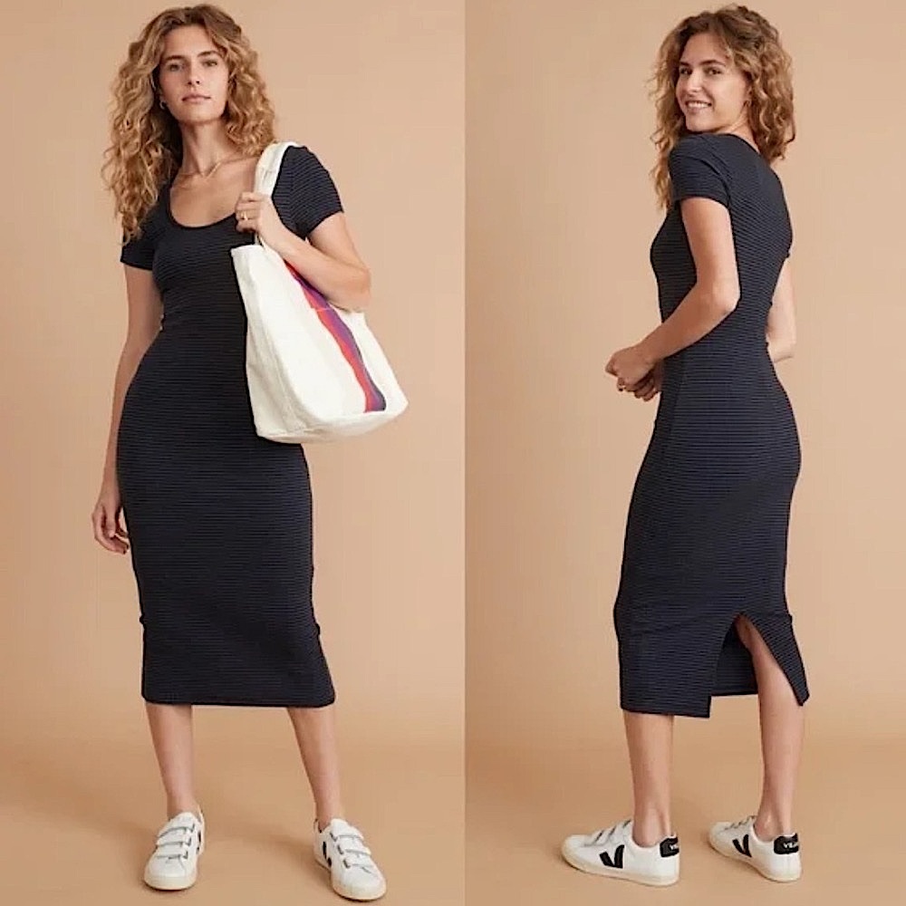 Marine Layer Lexi Rib Short Sleeve Midi Dress Black Blue Stripes Size Small